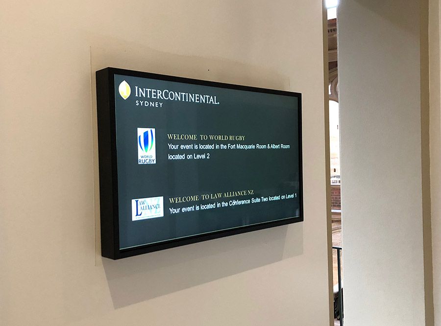 Digital event and wayfinding display used to direct hotel guests to conferences, functions and meeting spaces.